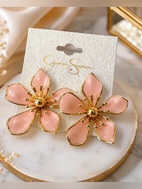 Jessica Simpson Blush Pink Floral Brooch Set with Gold Trim
